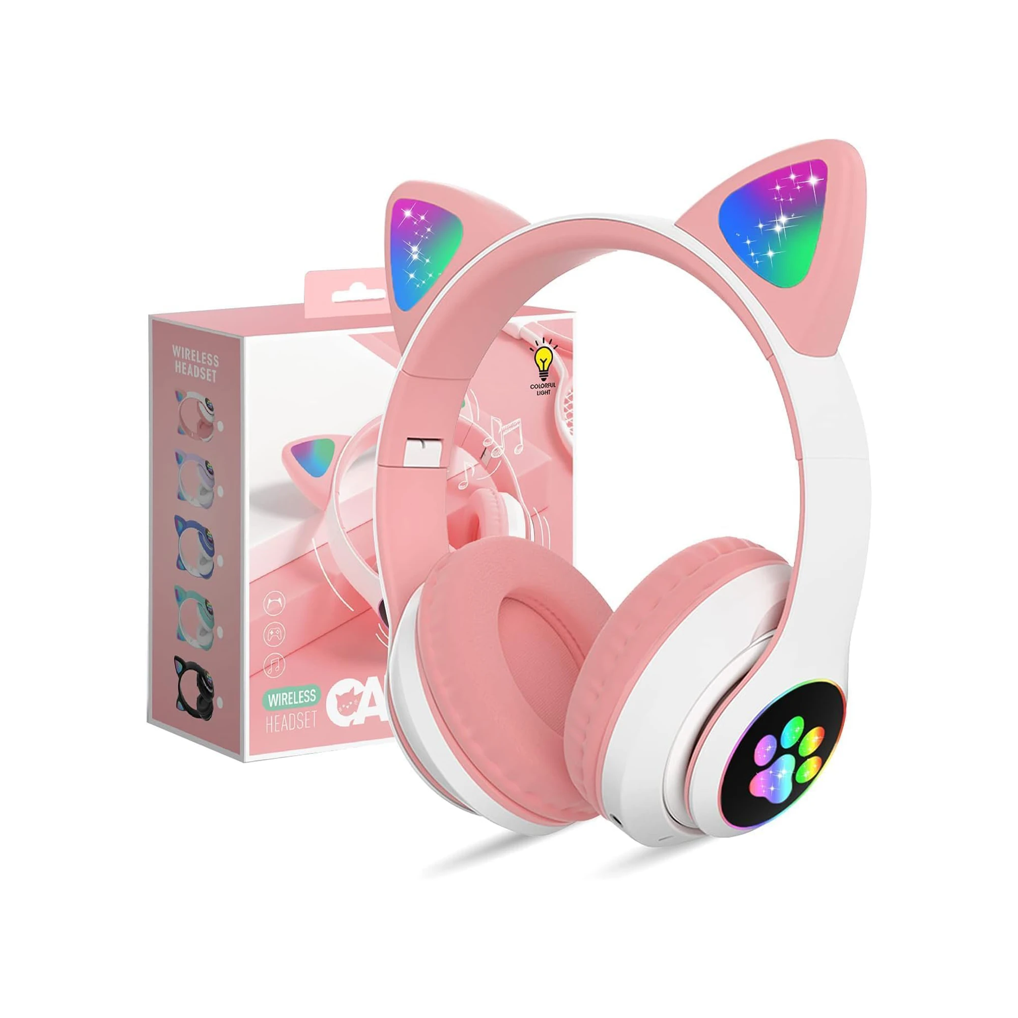 Bluetooth Headphones, Cute Ear Cat Ear LED Light Up Foldable Headphones Stereo O