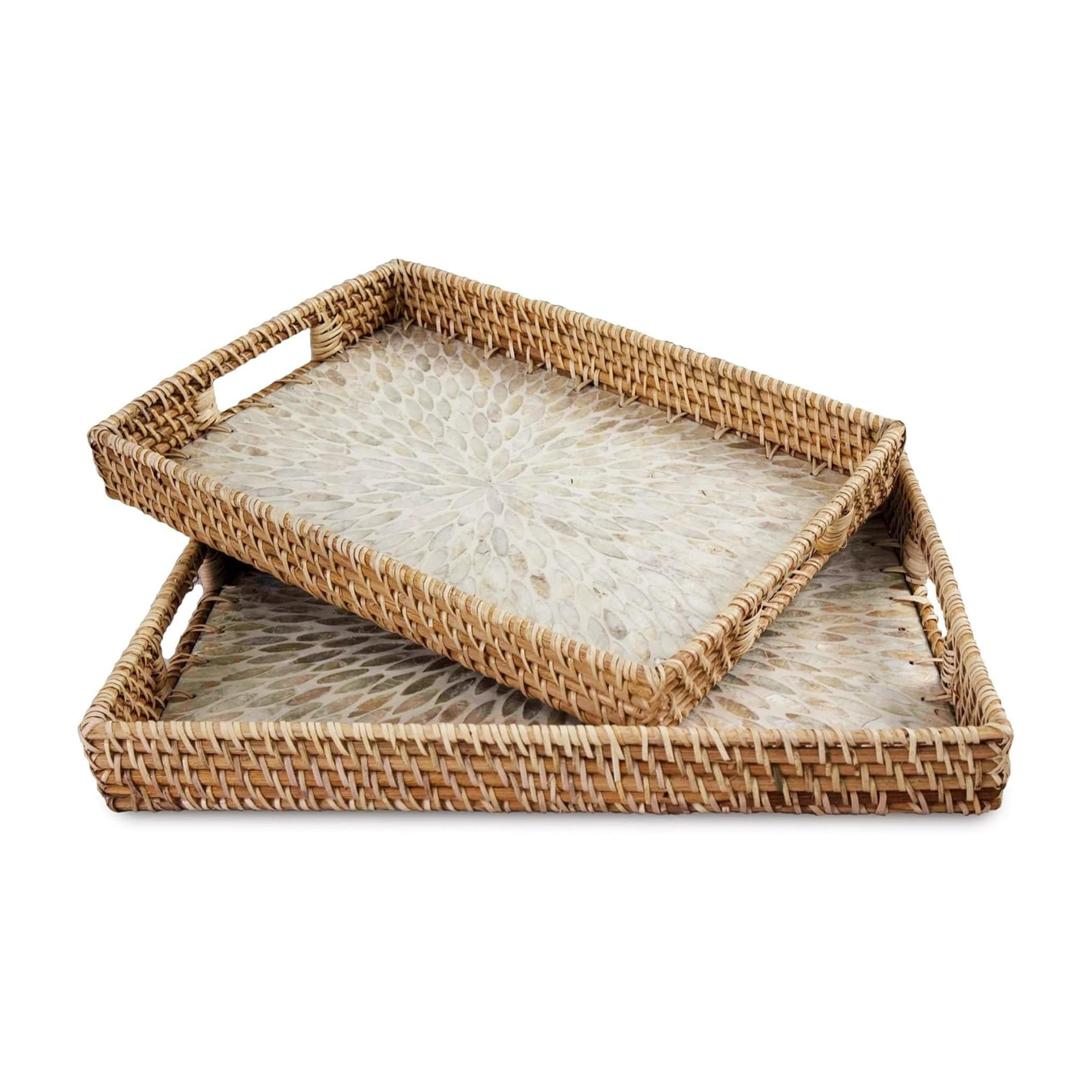 Set 2 Pack Rectangular Rattan Wicker Tray with Mother of Pearl Inlay Wooden Base