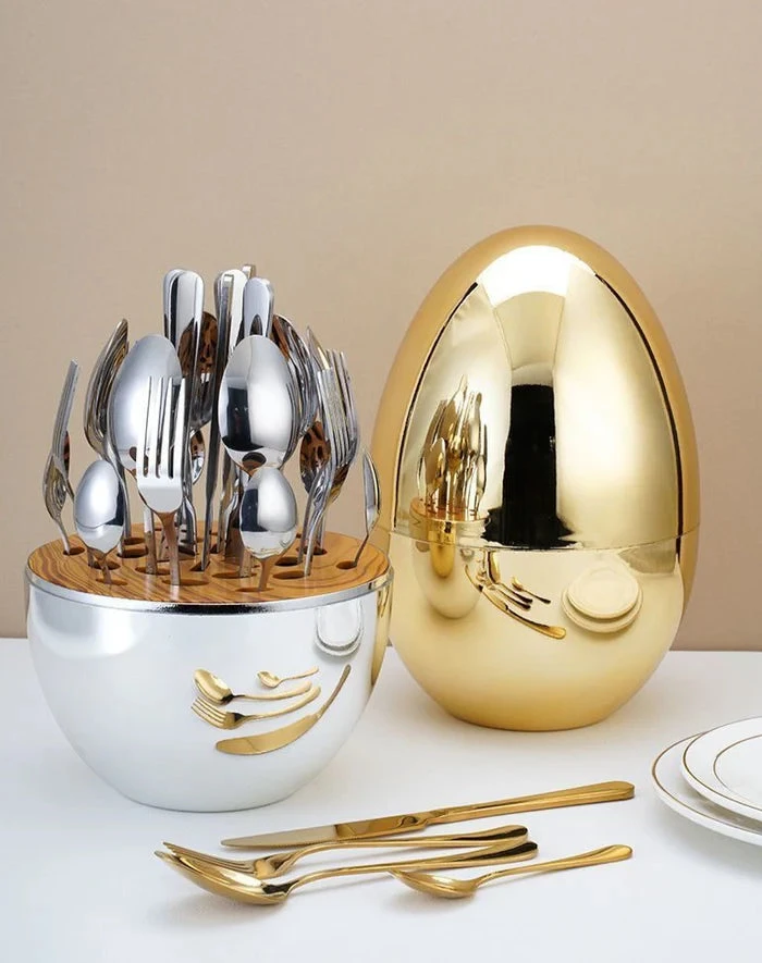 24 Piece Gold and Silver Cutlery Set Elegance Egg Cutlery Organizer