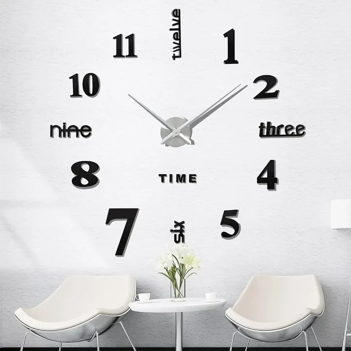 3D DIY Frameless Large Wall Clock with Modern Roman Numerals