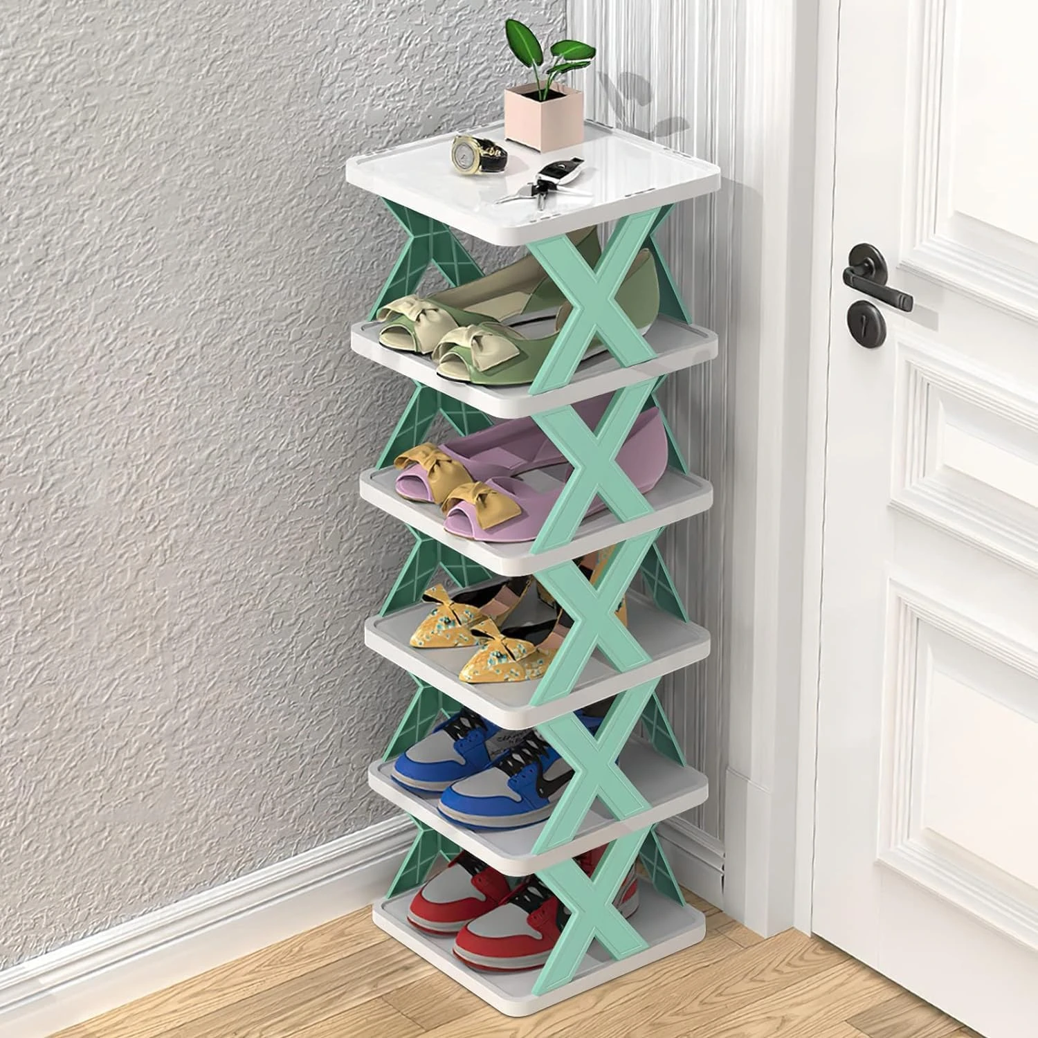 5-Grid Narrow Shoe Rack Tower Shelf, Small Vertical Shoe Stand for Compact Space