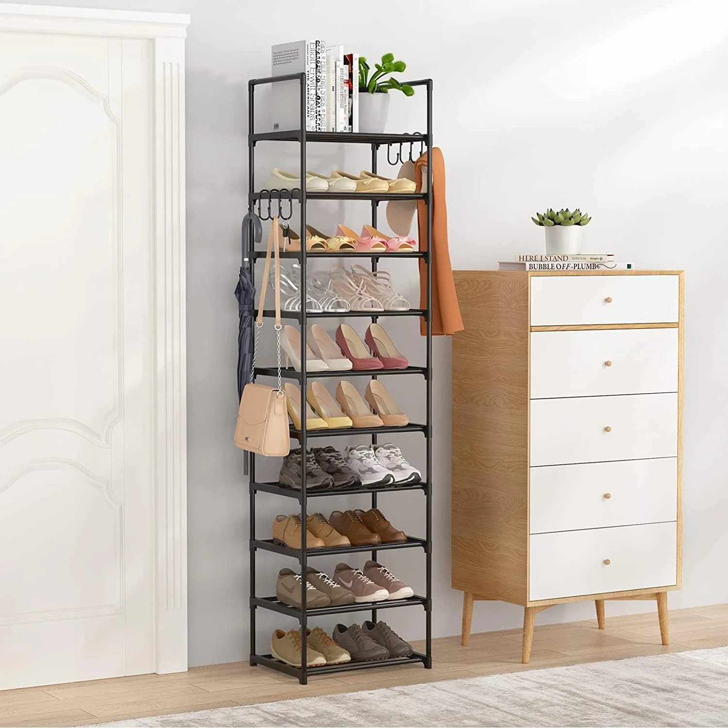 Tall 10-Tier Narrow Shoe Rack for 20-24 Pairs, Space-Saving Shoe Storage