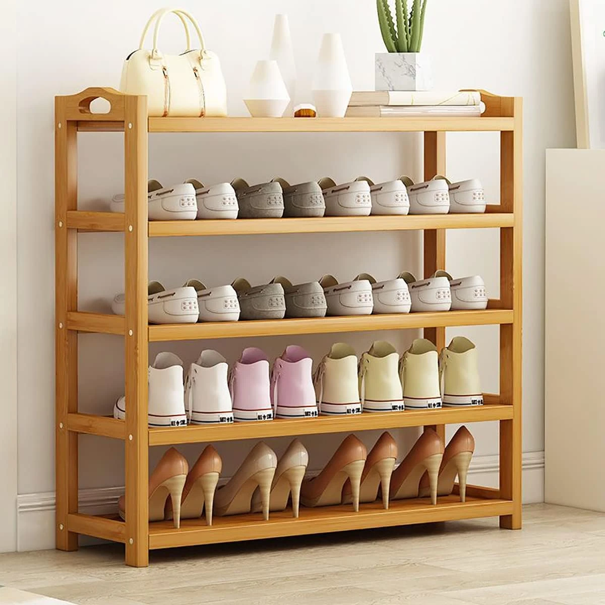 Wooden Bamboo Shoe Rack Cabinet, Free Standing Storage for 6-10 Pairs