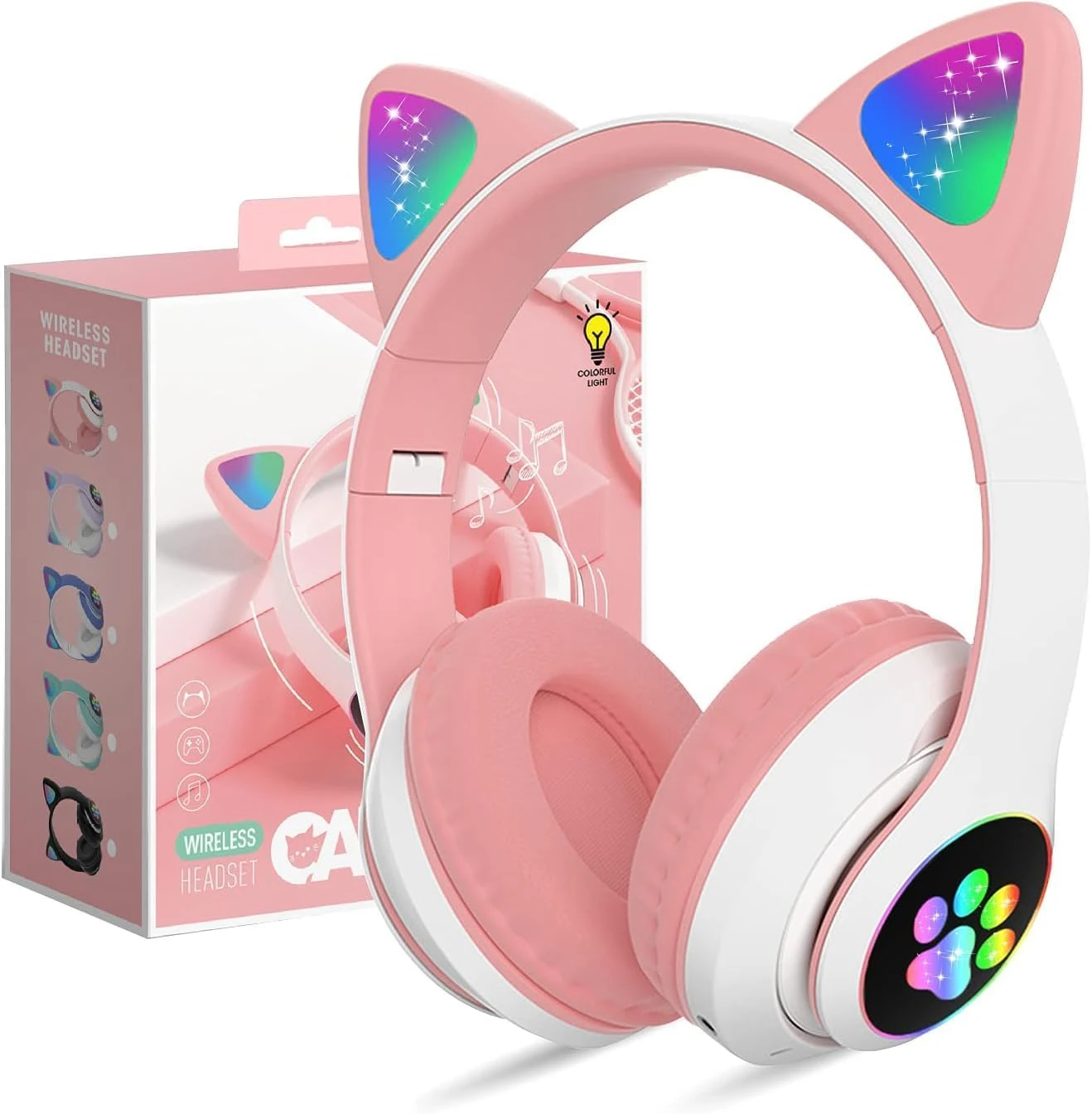 Bluetooth Headphones Cute Ear Cat Ear LED Light Up Foldable Headphones Stereo