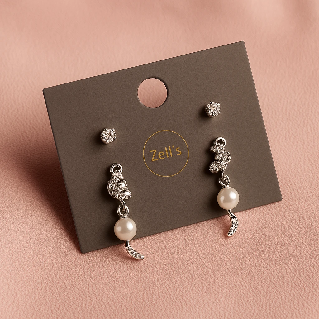 Zell's Creative Dual Style Pearl & Crystal Stud Earrings Set