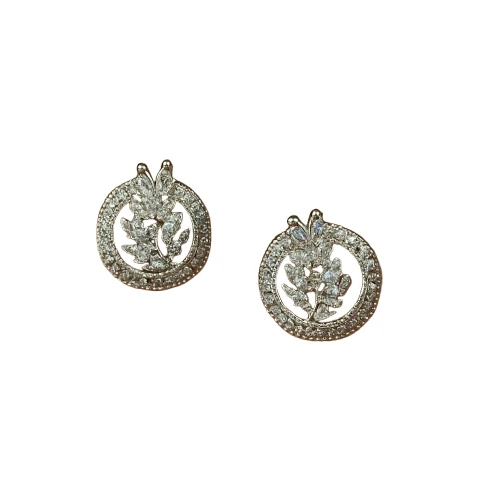 Zell’s Creative Leaf Motif Round Stud Earrings – Silver Crystal Shine