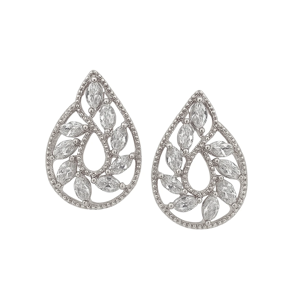 Zell’s Creative Teardrop Leaf Crystal Earrings – Silver Finish