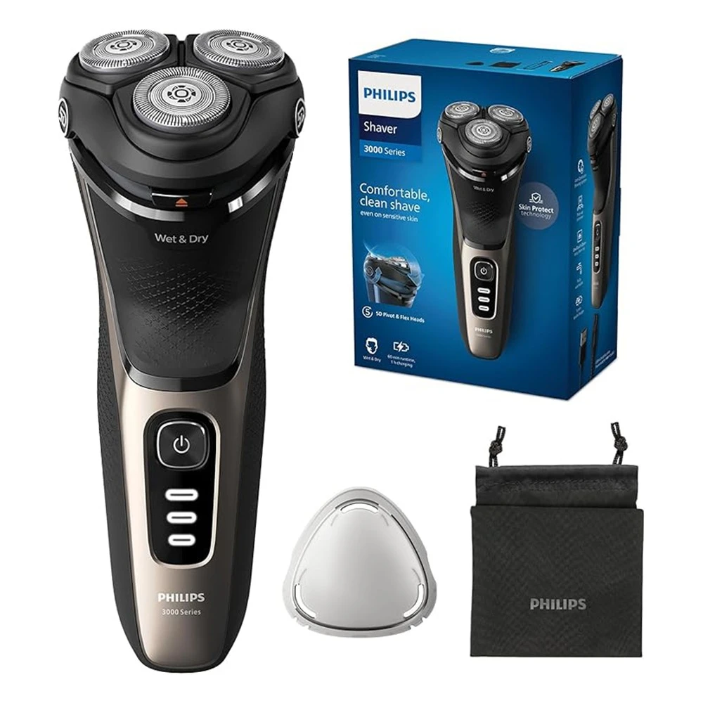 Philips Shaver 3000 Series – Wet & Dry Electric Shaver with 5D Flex Heads + Travel Pouch & Cover