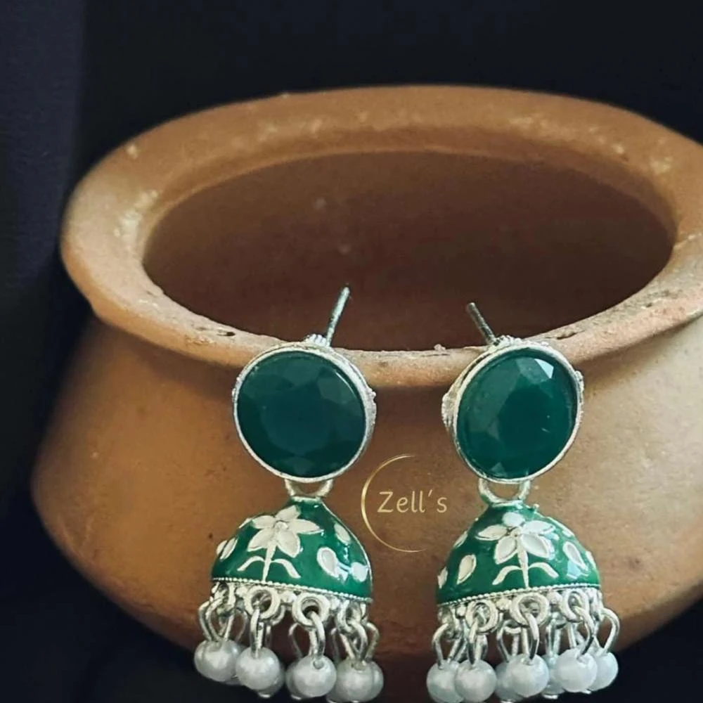 Zell’s Traditional Mini Jhumka Earrings – Green & Silver